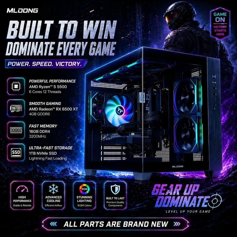 Mloong Gaming PC, AMD Ryzen 5 5500, Radeon RX 6600, 16GB RAM, 1TB