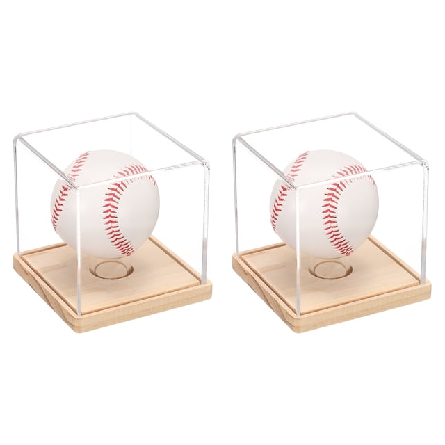 2Pcs Vitrina para Béisbol con Base Redonda de Madera, Soportes de Béisbol Acrílicos Transparentes, Madera/Transparente