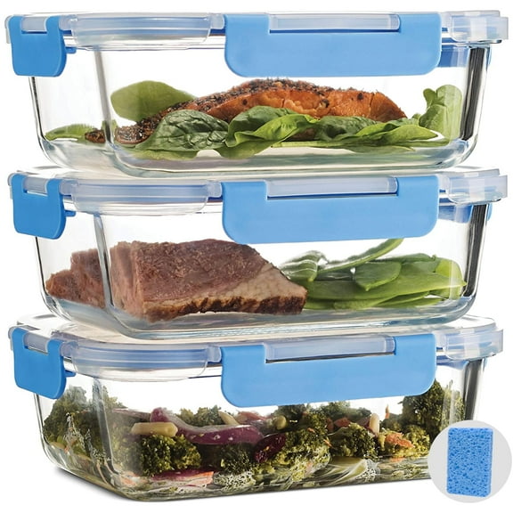 Glass Food Storage Containers, 6amLifestly 3 Pack Glass Meal Prep Containers with Lids & 1PCS Scrubbing Sponge for Home and Work