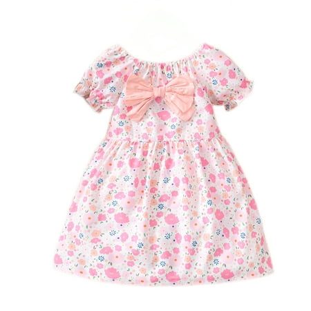 

OLLUISNEO Infant Baby Girls Summer Dress Crew Neckline Floral Print Short Sleeve Dress 12-18 Months Pink