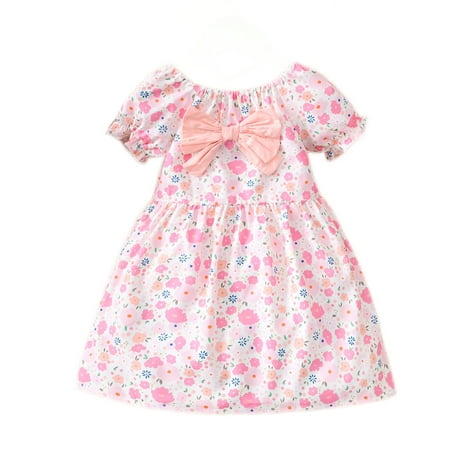 

OLLUISNEO Infant Baby Girls Summer Dress Crew Neckline Floral Print Short Sleeve Dress 12-18 Months Pink