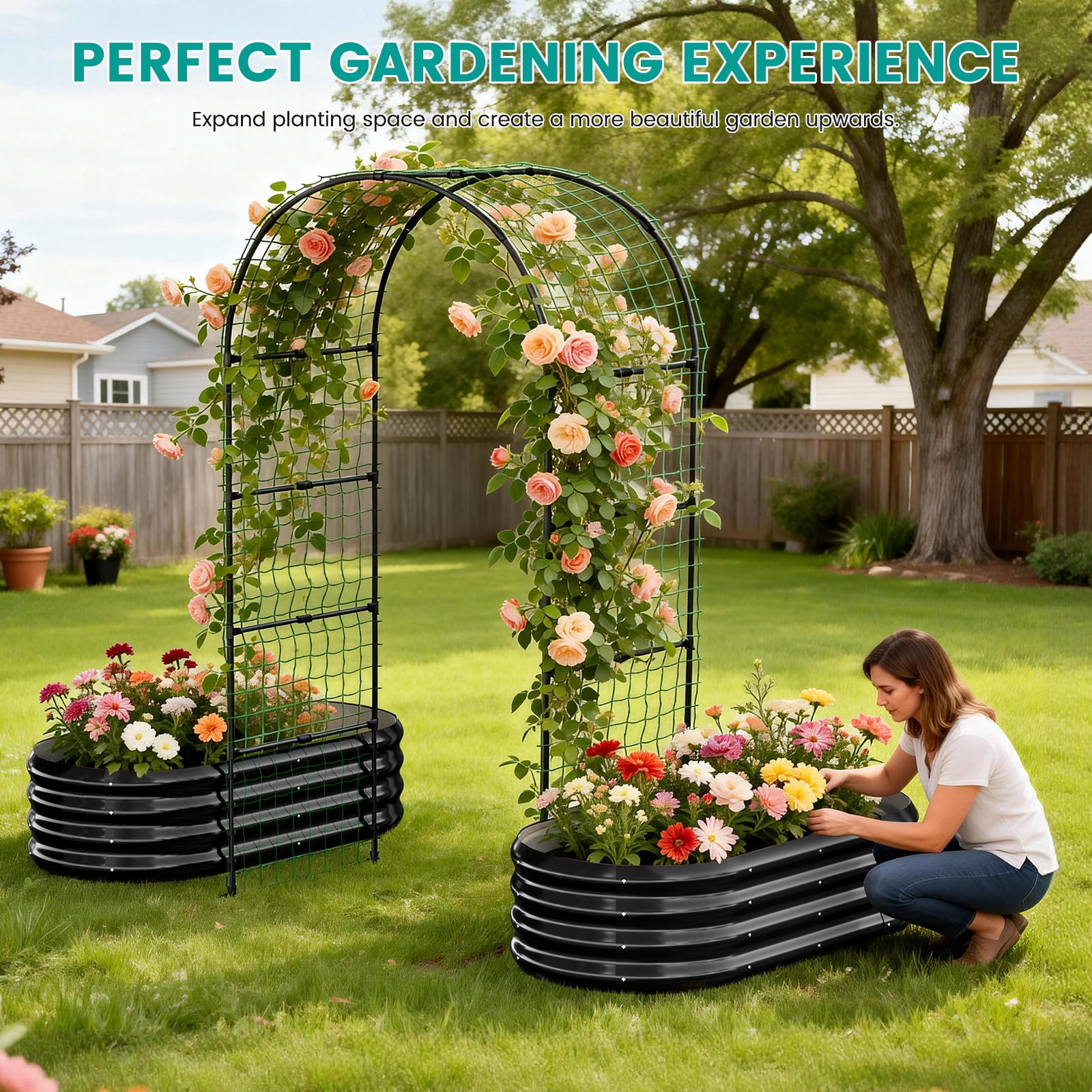 MOPHOTO 87inch Raised Garden Bed Arched Trellis Galvanized Planter Backyard Box Outdoor for Gardening,Climbing Vegetables,Plants,Flowers(Black-2pcs)