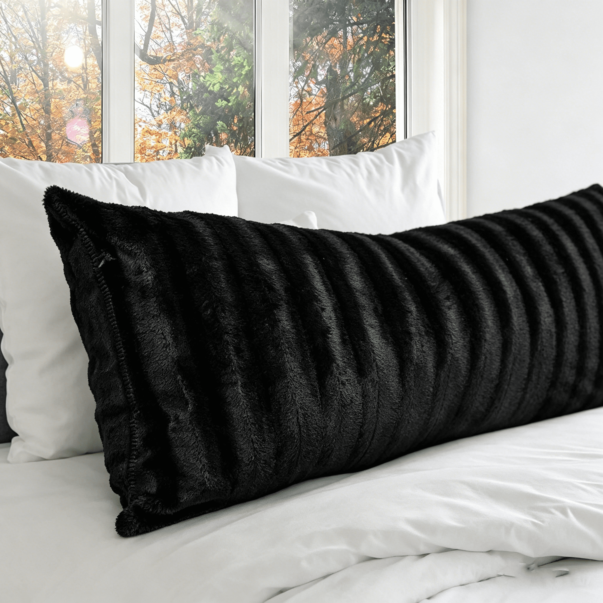 Wjsp Faux Fur Body Pillow 18"x40" Black Polyester Soft for Bed Couch Decorative