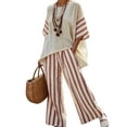 thumbnail image 4 of BRELIL Women Plus Size Two Piece Sets Striped Round Neck Short Sleeve Blouse Wide Leg Pants Casual Matching Set Boho Summer Outfits Travel Loungewear, Red M, 4 of 5