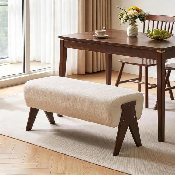 Noble House Chenille Upholstered Bench with Solid Rubberwood Legs, Modern Padded Entryway Bench, White