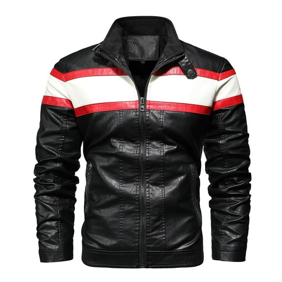 IYTR Mens Winter Jacket Patchwork Long Sleeve Jacket Zipper Turndown Collar Fashion Warm Leather Coats with Pocket White L