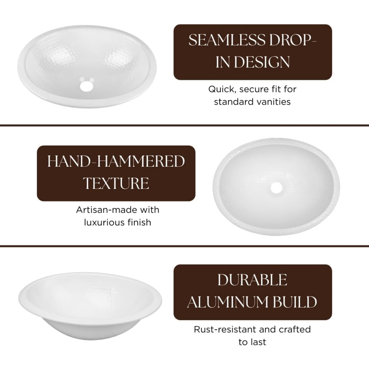 17-Inch Oval Drop In Bathroom Sink, Top Mount Hand Hammered Classic White Vanity Sinks for Countertop, Powder Room, Guest Bath or Restroom, Drop in Sinks for Bathrooms