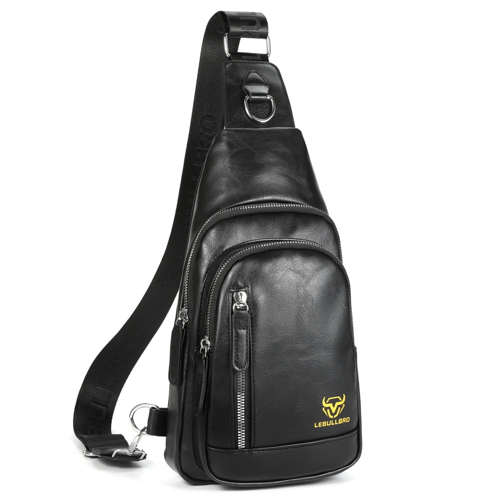 LEBULLBRO Sling Bag for Men Soft Leather Chest Bag Crossbody Backpack Travel Hiking Outdoor Sports Black