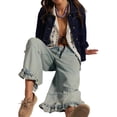 thumbnail image 3 of Women Ruffle Hem Wide Leg Jeans Mid Rise Cropped Denim Pants with Pockets Light Blue XL, 3 of 9