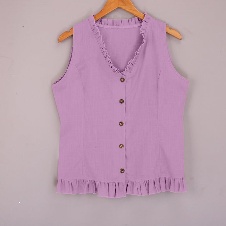Women's Slub Cotton Linen Sleeveless Vest with Ruffle Trim, V Neck