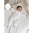 thumbnail image 5 of BemeyourBBs She‘s Here Baby Girls Spring Fall Winter Clothes Newborn Baby Girl Hospital Going Home Outfit Waffled Romper Bow Letter Print Long Sleeve One Piece Jumpsuit with Headband, 5 of 9