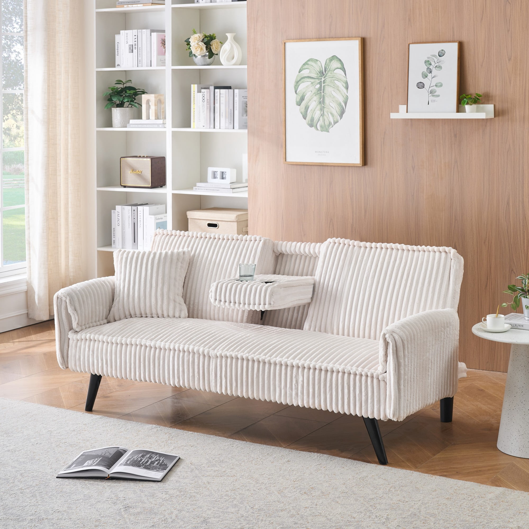 Gewnee 3-Seat Convertible Sleeper Sofa, 72" Corduroy Sofa Bed with Retractable Cup Holders, 3-Position Adjustable Backrest for Living Room Bedroom， White