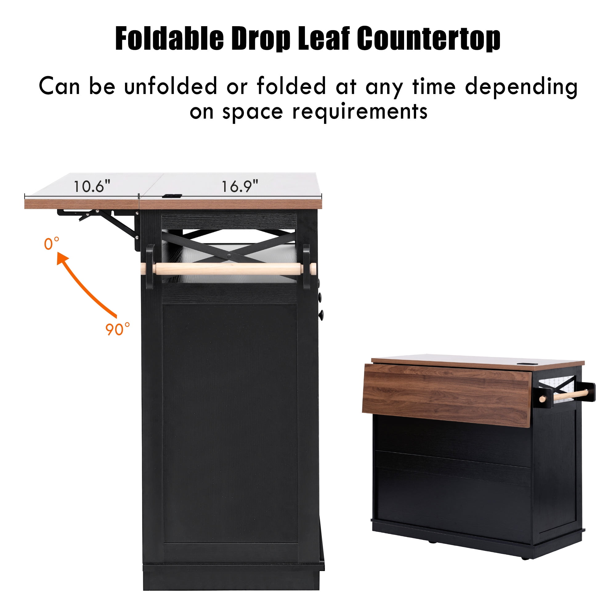 Euroco 46.5'' Farmhouse Kitchen Island with Beaded Drape, Power Outlet & Drop Leaf