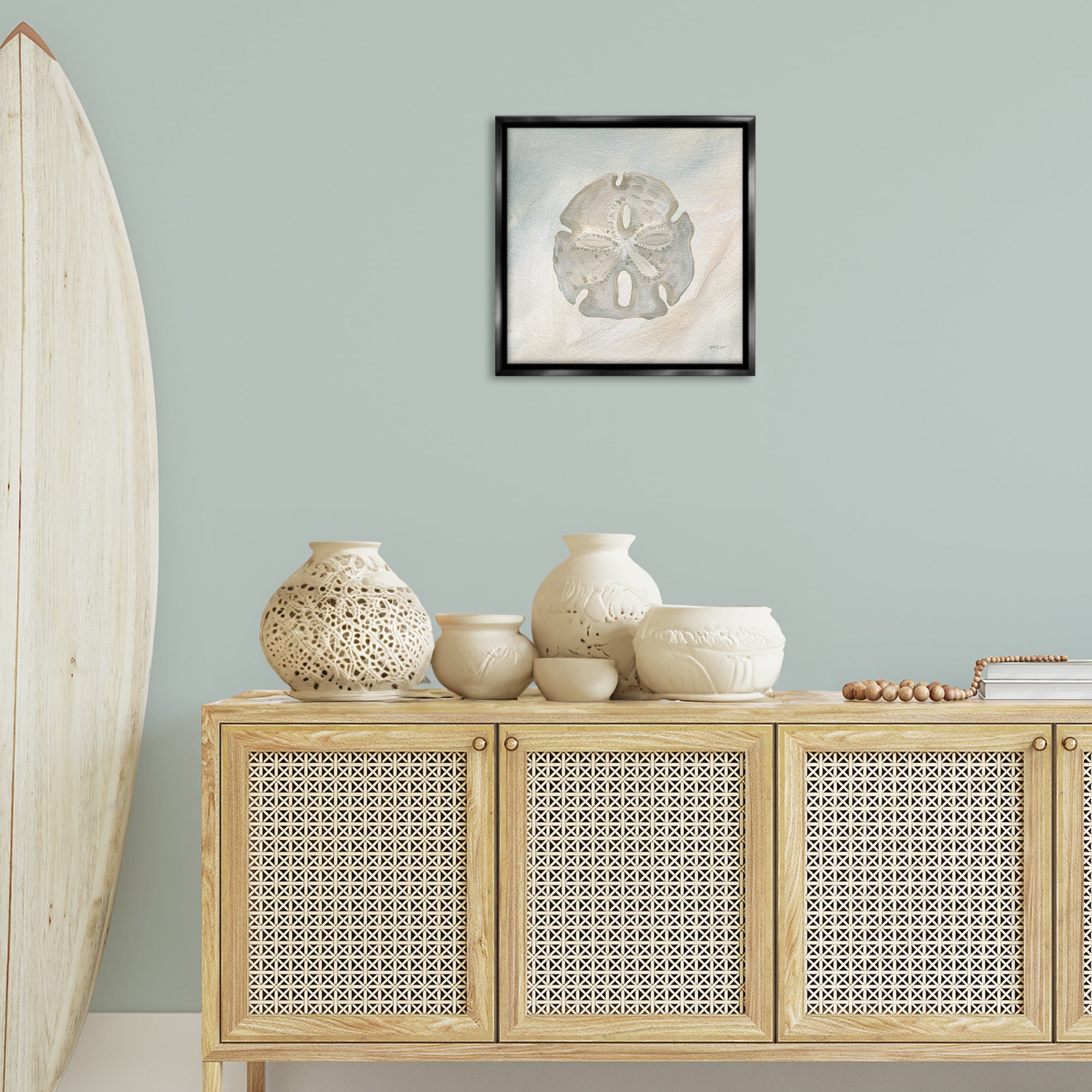 Stupell Industries Sand Dollar over Beige Coastal Painting Black Floater Framed Canvas Art Print Wall Art, 18 x 18