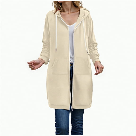 Towmus Women Full Zip Up Hoodie Casual Solid Color Long Sleeve Knee Length Tunic Sweatshirts Oversized Hooded Jacket Pullover Tops Winter Coats with Pockets