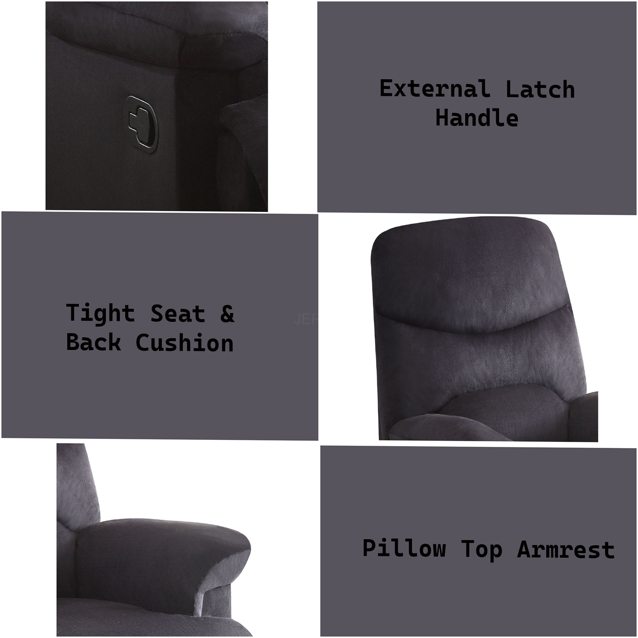 JERFIT Modern Fabric Recliner Chair with Pillow Top Arms, Push Back Reclining Mechanism, and Wall Hugger Design for Living Room, Black
