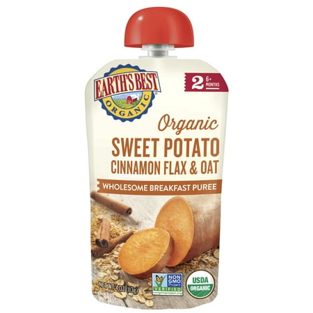 Earth's Best Organic Stage 2, Sweet Potato Cinnamon Flax & Oat, 4 Ounce Pouch (Pack of 6)