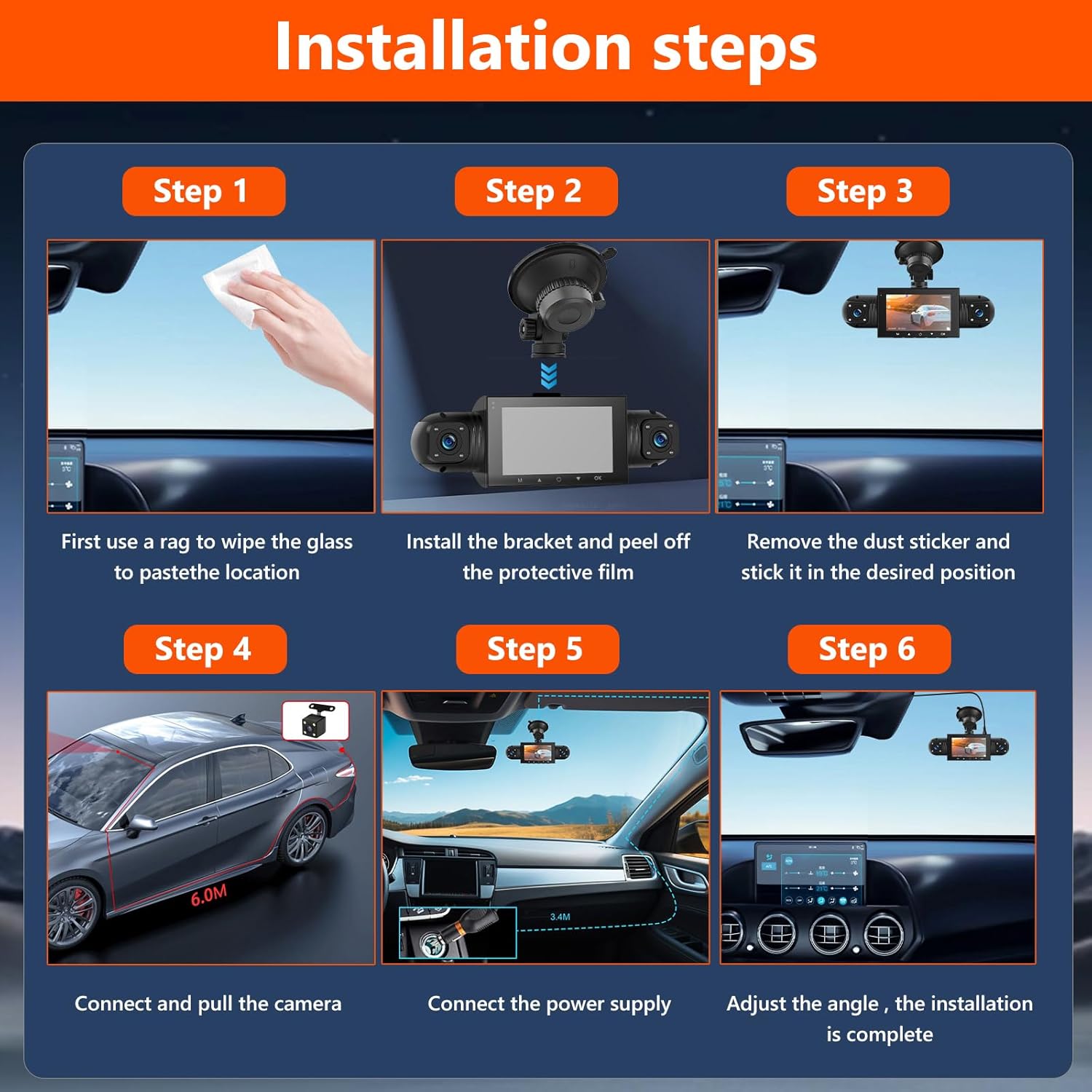 360° Dash Cam Front and Rear Inside,4 Channel 3" IPS Touchscreen Dash Cam Front and Rear Inside Left Right,4*1080P Dash Camera with 8 IR Night Vision,Loop Recording,G-Sensor,24 Hours Recording