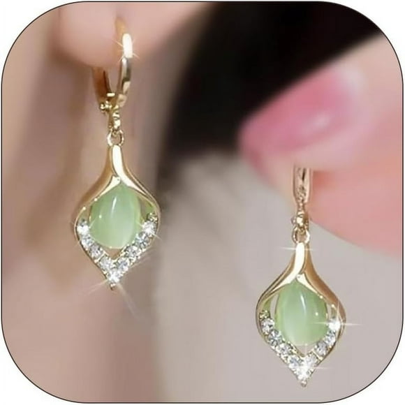 shiyou-Green Earrings for Women Dangling Gold Hoops Earrings Gemstone Teardrop Earring Jade Huggie Hoop Earings Dainty Gold Earring Stack
