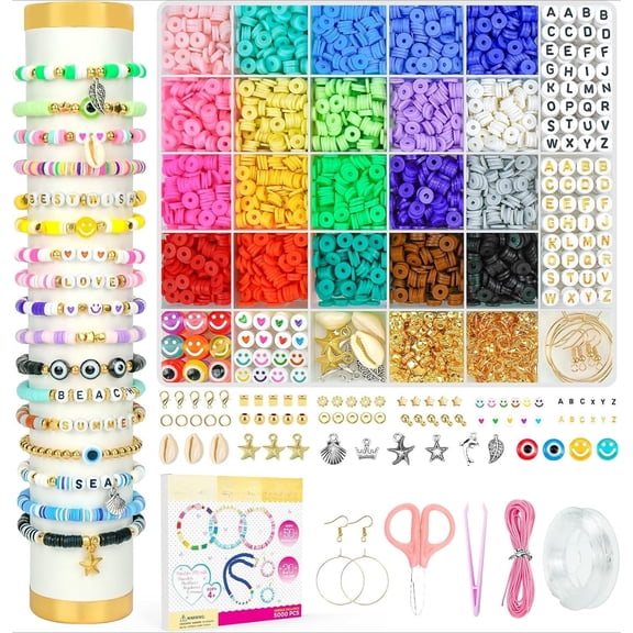 Complete Polymer Clay Beads Jewelry Making Kit for Beginners, 5000 Pcs Preppy Beads with Charms & Elastic Strings, DIY Craft Gifts for Kids Age 6-13
