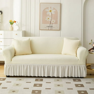 ERDOUY Sofa Cover for Jacquard with hemline sofas Stretch Couch Covers for Living Room Easy Fit Washable Furniture Sofa Protector 2 Seat，55.11-72.83inch ,Beige