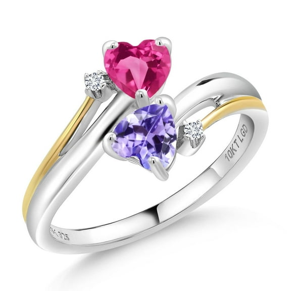 Gem Stone King 1.12 Ct Pink Created Sapphire Blue Tanzanite 925 Silver and 10K Yellow Gold Ring (Size 8)