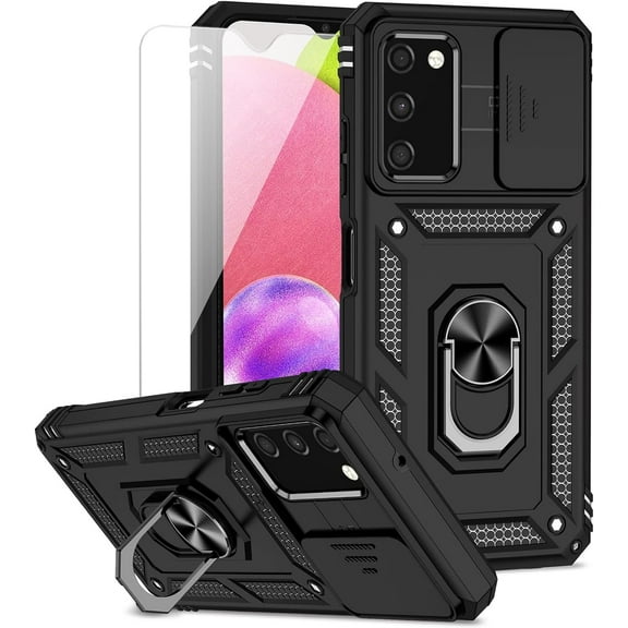 for Samsung Galaxy A03S Case with Slide Camera Cover HD Screen Protector [Military Grade 16ft. Drop Tested] Magnetic Ring Holder Kickstand Protective Phone Case for Samsung Galaxy A03S, Black