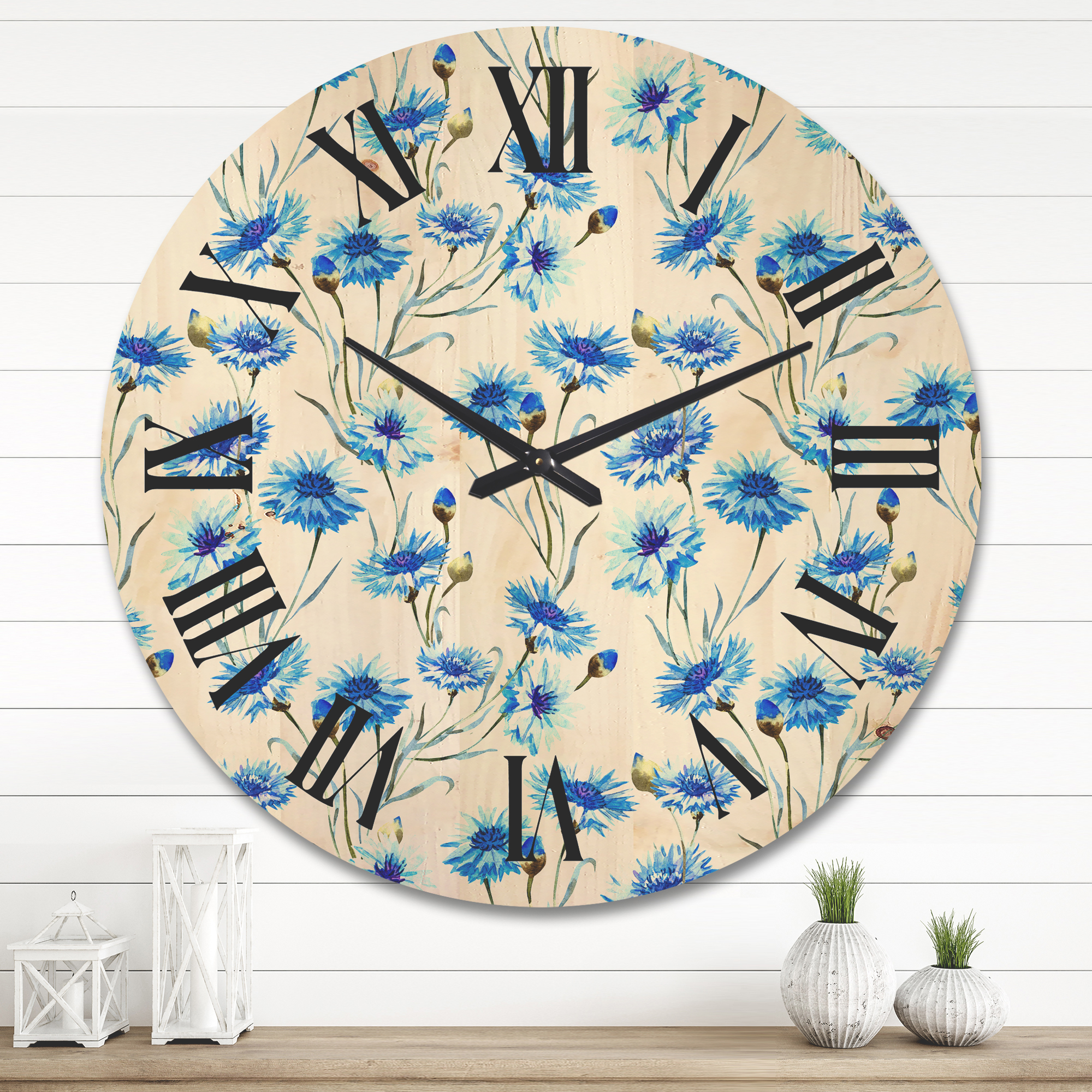 Designart 'Blue Cornflowers With Green Leaves On White II' Traditional Wood Wall Clock
