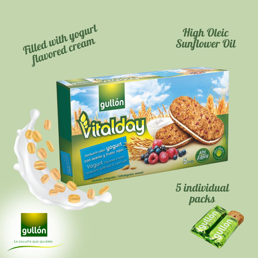 Gullon Vitalday Yogurt Sandwich Biscuits with Oats, Red Fruits, and Wholegrain Cereals, 7.76 oz.