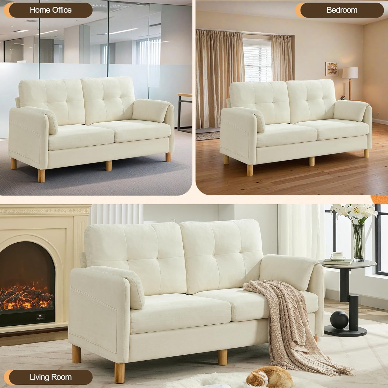 65" Chenille Loveseat Sofa, Modern 2-Seater Love Seat Couch with Armrest Pillows,Upholstered Tufted Loveseat Couches for Living Room Bedroom, Beige