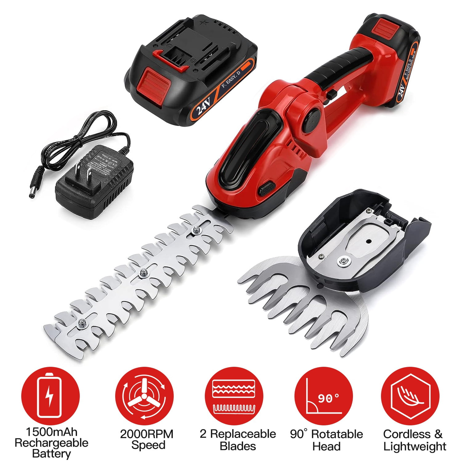 Moclever 2 in 1 Cordless Grass Shear Hedge Trimmer with 90° Cutting Angle 2Pcs Replaceable Blades 400W Electric Shrub Trimmer Hedge Cutter with Detachable Battery for Garden Lawn
