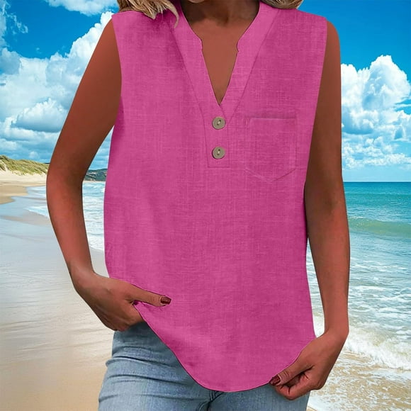 Women Tank Tops Zeophrasy Women's Solid Color V-Neck Button Sleeveless Pocket Pullover Fashionable Tank Top Great Gift for Less Hot Pink L