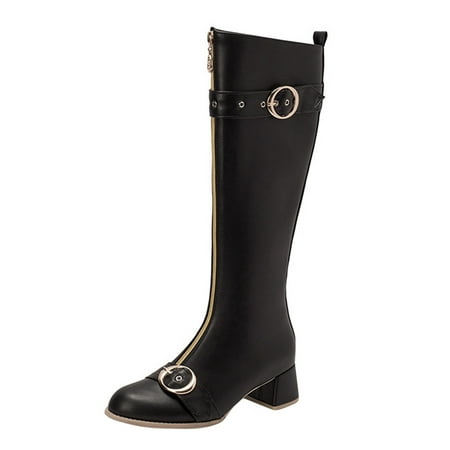 

GNEIKDEING Women s Shoes British Style Solid Front Zipper Belt Decorative Button Knee High Boots Gift on Clearance