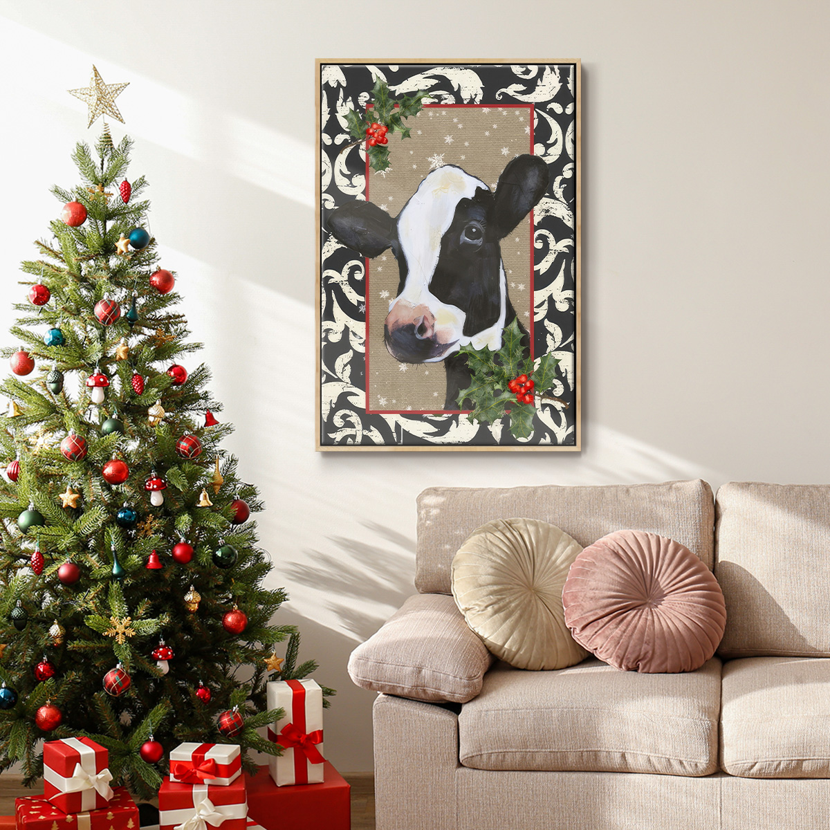 County Christmas Farm I - Framed Gallery Wrapped Holiday Canvas - 25 x 37 - Natural Wood Frame