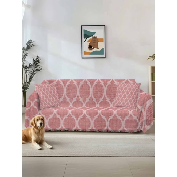 Coral Pink Morocco Couch Cover for Dogs, Vintage Geometric Plaid Mahbudium Washable Sofa Covers Slipcover for Pets Dogs Futon Cover, Couch Recliner Covers, Oversized Chair Slipcover 71"x91"