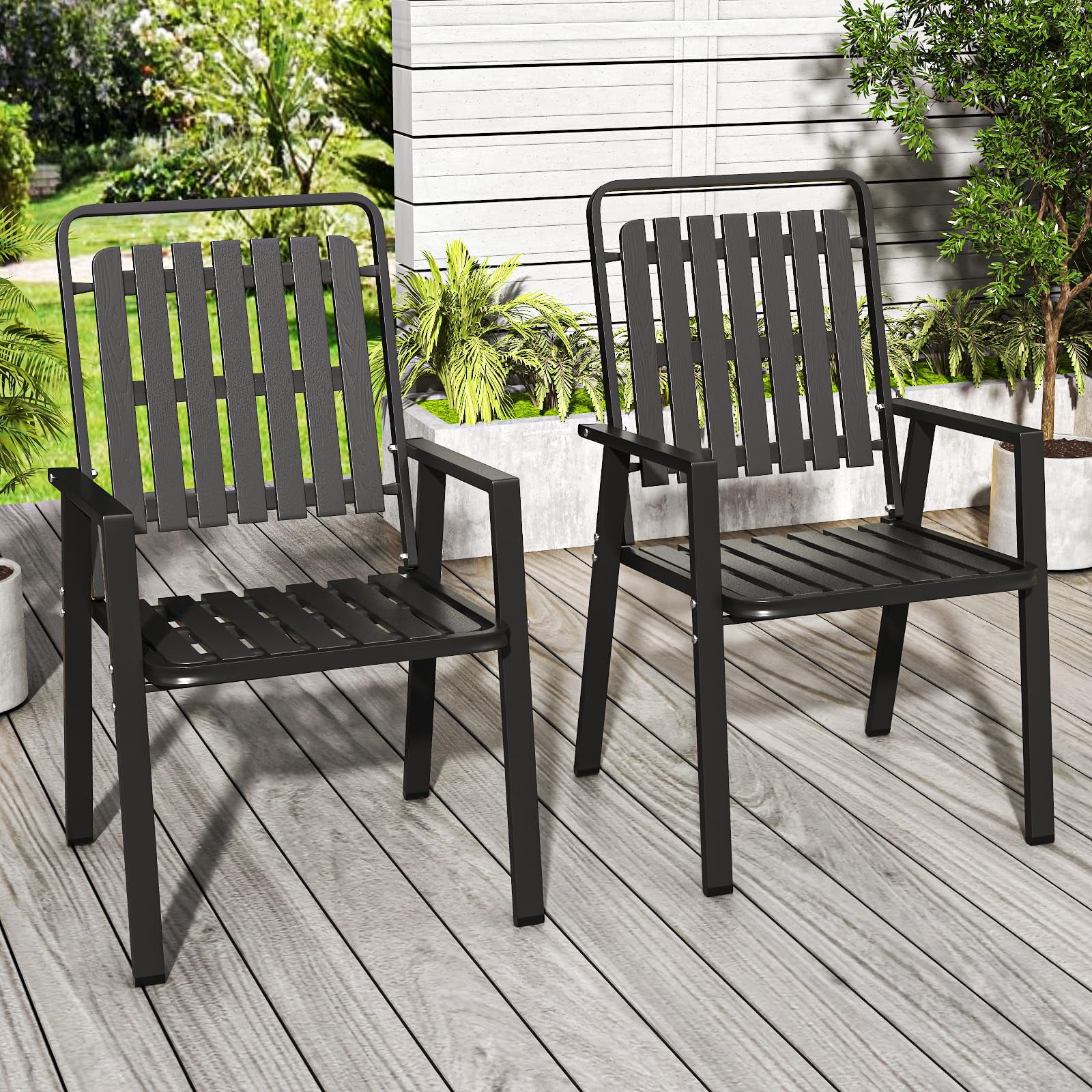TQKVIPI Outdoor Patio Dining Chairs Set of 2, Outdoor Patio Chairs, Heavy Duty Metal Dining Chairs with Armrest for Balcony, Deck, Backyard, Lawn, Porch, Kitchen (Black)