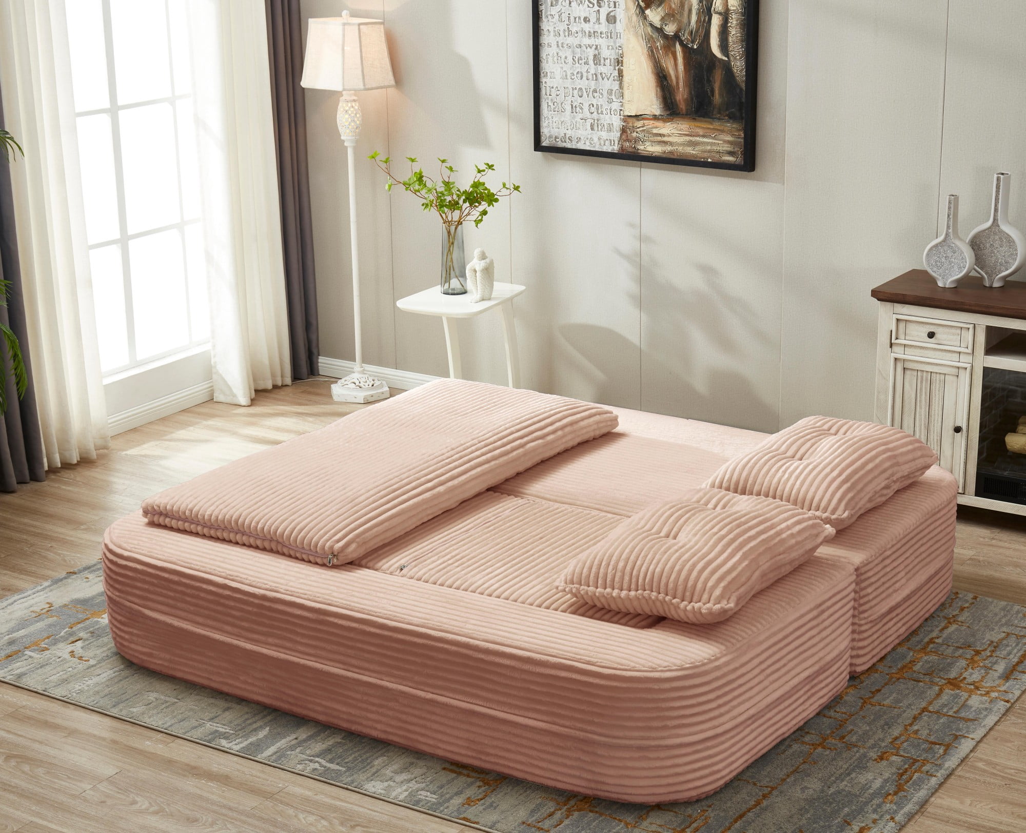 80" King Size Convertible Sleeper Sofa Bed with Independent Chaise Lounge,Multifunctional Plush Corduroy Sectional Sofa Couch for Living Room,Bedroom,Pink