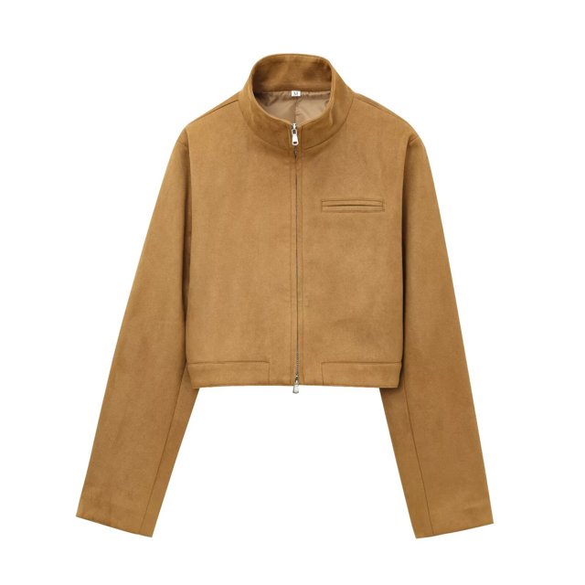 Nfurl Veste à Col Montant Zippée pour Femmes Manches Longues Décontractée Veste Courte Mode Automne Couleur Unie avec Poches Marron m