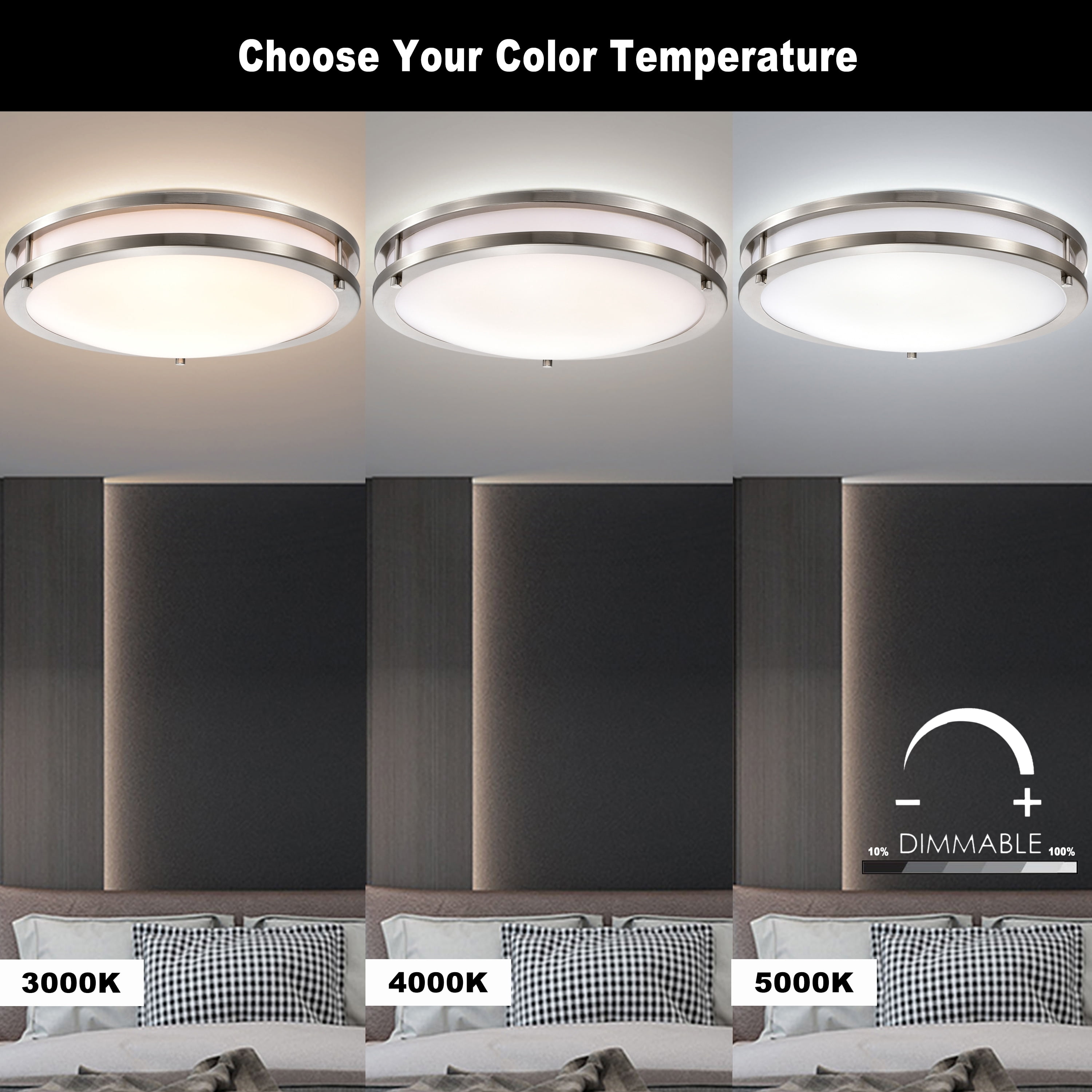 C Cattleya  Brushed Nickel Integrated LED Flush Mount Ceiling Light Selectable 3000K/4000K/5000K 20W 13.75in. Width 13 to 24 Inches