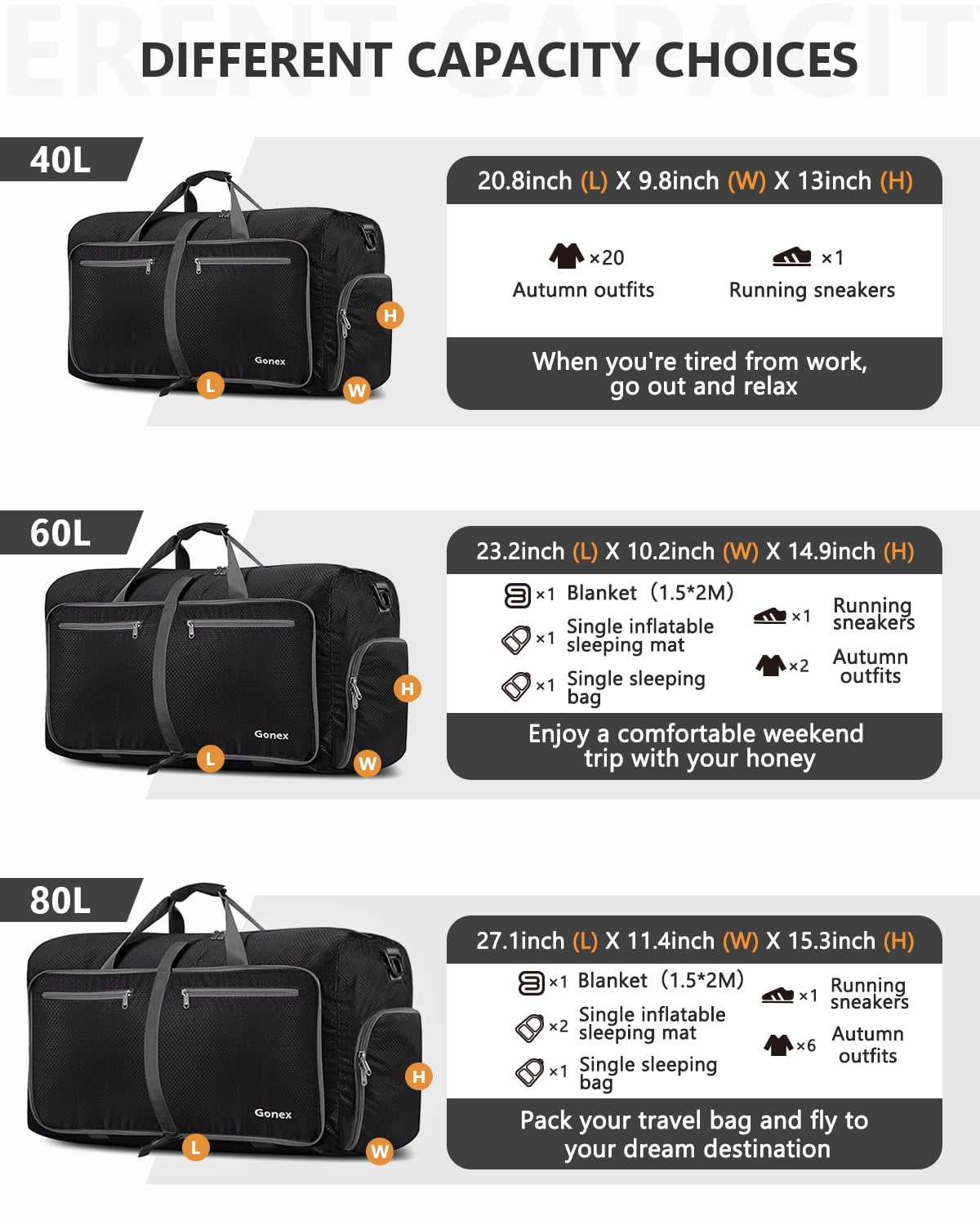 Gonex 40L Duffle Bag with Shoes Compartment, 21" Packable Travel Duffel Bags for Men Women, Water Repellent Overnight Weekend Bag
