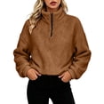 thumbnail image 2 of Fleece Stand Collar Jacket Women Zaewscy Ladies' Casual And Fashionable Round Neck Long Sleeved Solid Color Zipper Top Khaki S, 2 of 6
