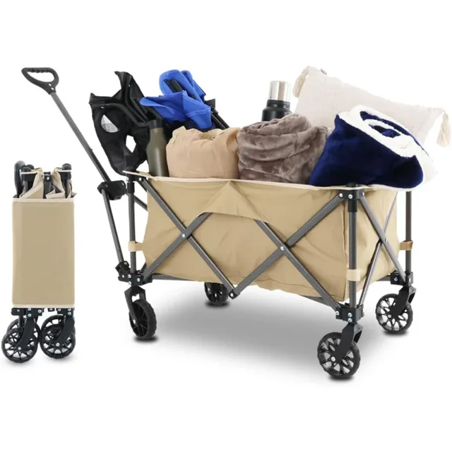 Carrito Vagon Plegable Multiusos con Estructura de Acero Reforzado y Ruedas para Exterior Resistentes - Carro Vagon Portatil soporta hasta 120 kg Ideal para Mandado Supermercado y Transportar (Beige)