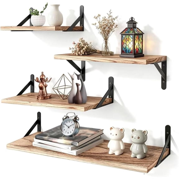 4 Pcs Farmhouse Wood Floating Wall Shelves, Different Sizes Rustic Wall Mounted Storage Shelves for Bedroom, Bathroom, Living Room, Kitchen Home Decor