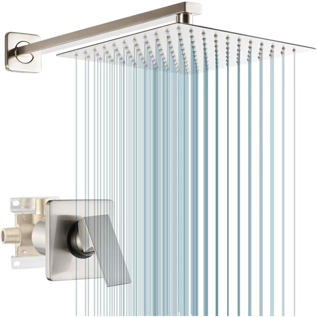 Pop Sanitaryware Juego de grifo de ducha de níquel cepillado, sistema de cabezal de ducha de lluvia de 10 pulgadas, kit de ajuste de ducha de una sola manija con válvula