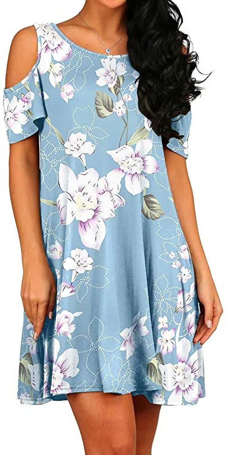 PCEAIIH Womens Summer Cold Shoulder Tunic Top Swing Dresses Loose T-Shirt Casual Dress with Pockets 