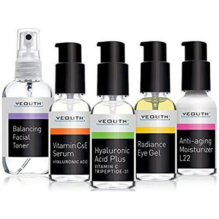 Best Complete Anti Aging Skin Care System, YEOUTH 5 Pack - Balancing Toner for Face - Vitamin C Serum - Hyaluronic Acid Serum - Eye Gel Cream - L22 Face Moisturizer (Best Anti Aging Cream For 20 Year Olds)