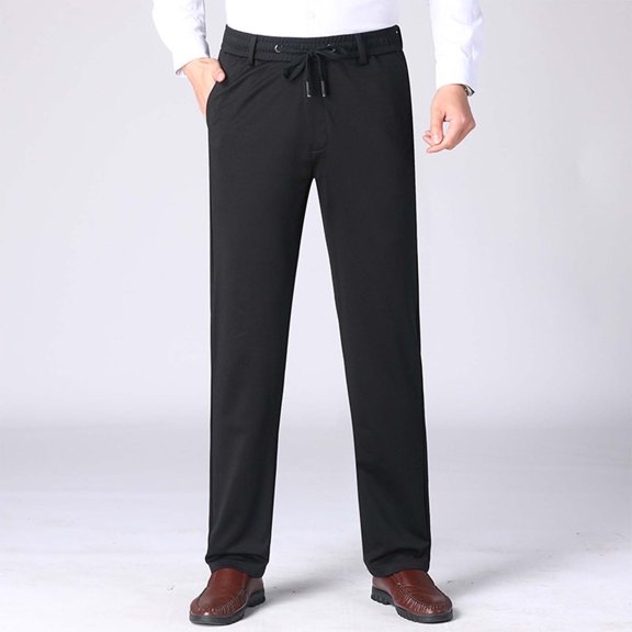 Yusimy Men's Casual Fleece-Lined Pants Straight-Leg Warm Long Pants Senior-Friendly Pants Solid Color Drawstring Waist & With Pockets Casual Style