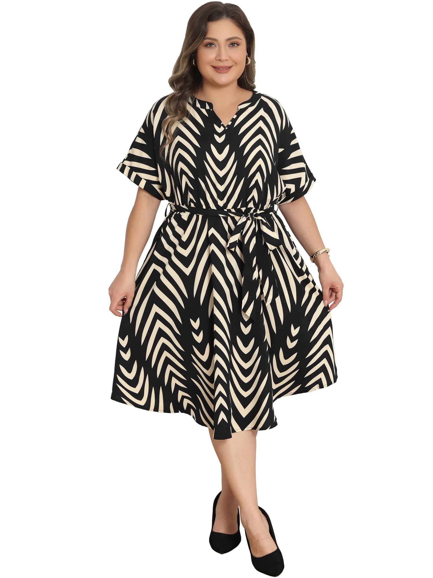 DARING DIVA Women's Plus Dress 2026 Chevron V Neck Beach Dress 2X Black