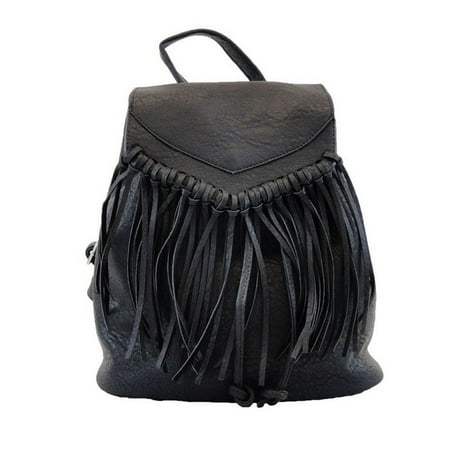 - Hearty Trendy Girls Women Black Fringe Faux Leather Backpack