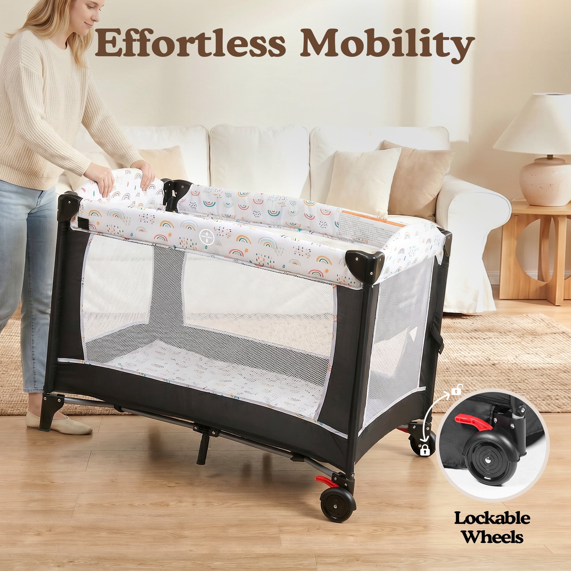 LINLUX Foldable Baby Bedside Crib Bassinet, Infant Pack and Play Playard, Newborn Playpen Changing Table, Multicolor